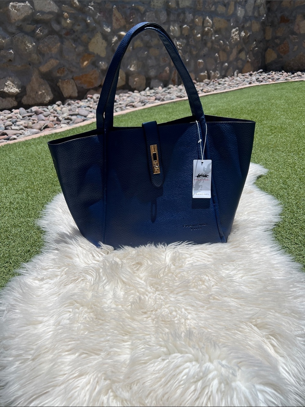 Pebbled Navy Leather Tote with Gold Hardware